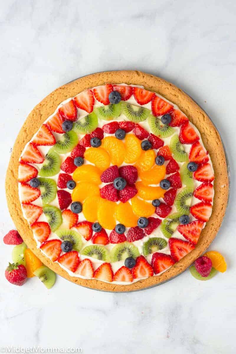 Fruit Pizza topped with strawberries, blueberries, kiwi, mandarin oranges, raspberry