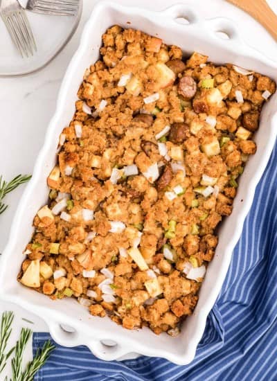 apple sausage stuffing in a casserole dish