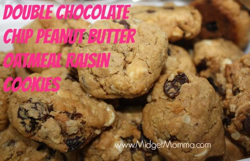 Double Chocolate Chip Peanut Butter Oatmeal Raisin Cookies are a great semi homemade recipe. It uses a bag of chocolate chip cookie mix with mix-ins.