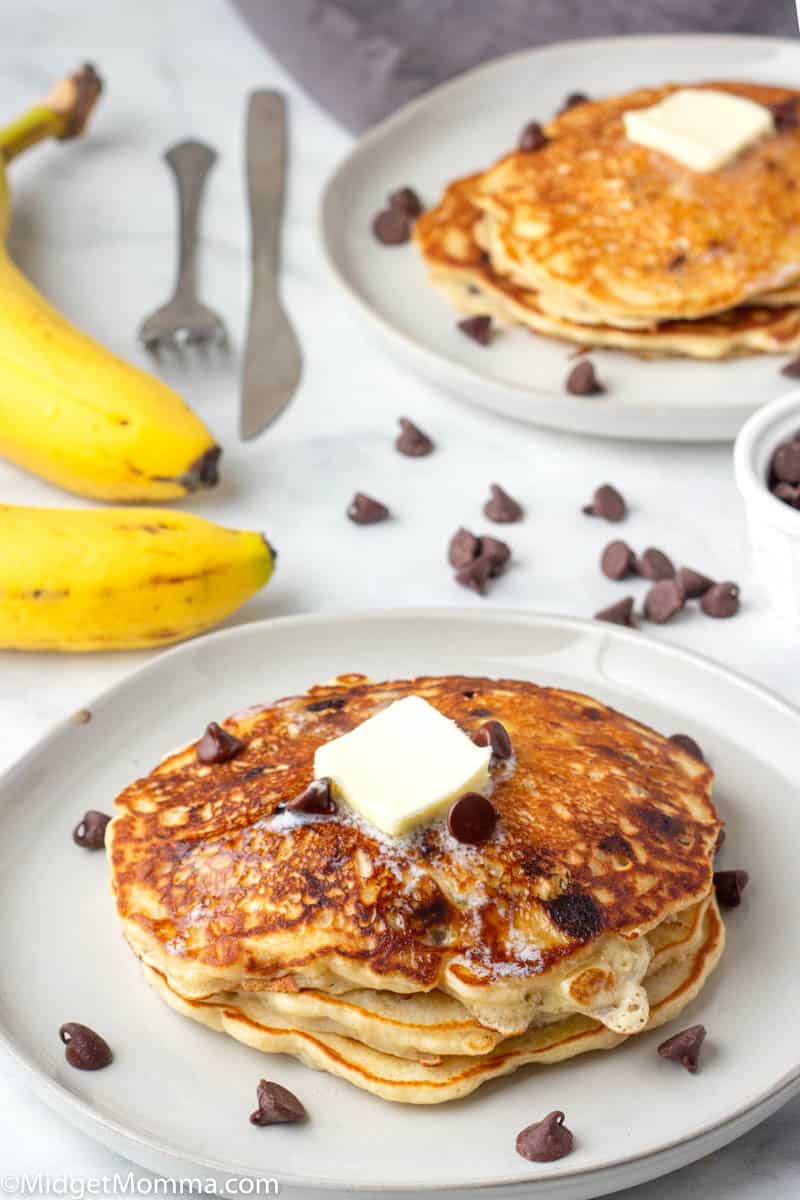 plate of Banana chocolate chip pancakes