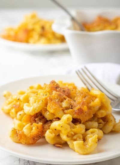 The Best Mac and Cheese on a plate being served for dinner