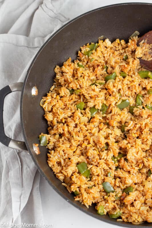 Easy Fried Rice with peppers and onions in a pan