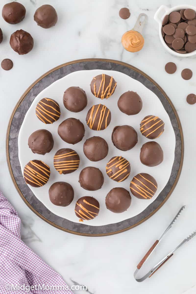 overhead photo of no bake peanut butter balls on a tray