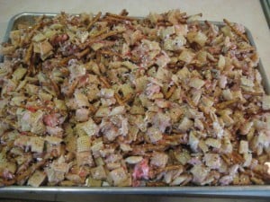 This Chex mix has a great twist with the sweet taste of the crushed candy canes. This is a sweet snack you will have a hard time just taking one bite!