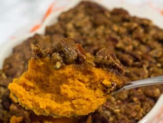 heaping spoonful of homemade sweet potato casserole