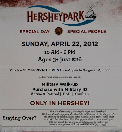 If You Are Military Personnel Active Duty Retired Dod And Civilians With Id Will Get Into Hershey Park For Only 26 On April 22 2017
