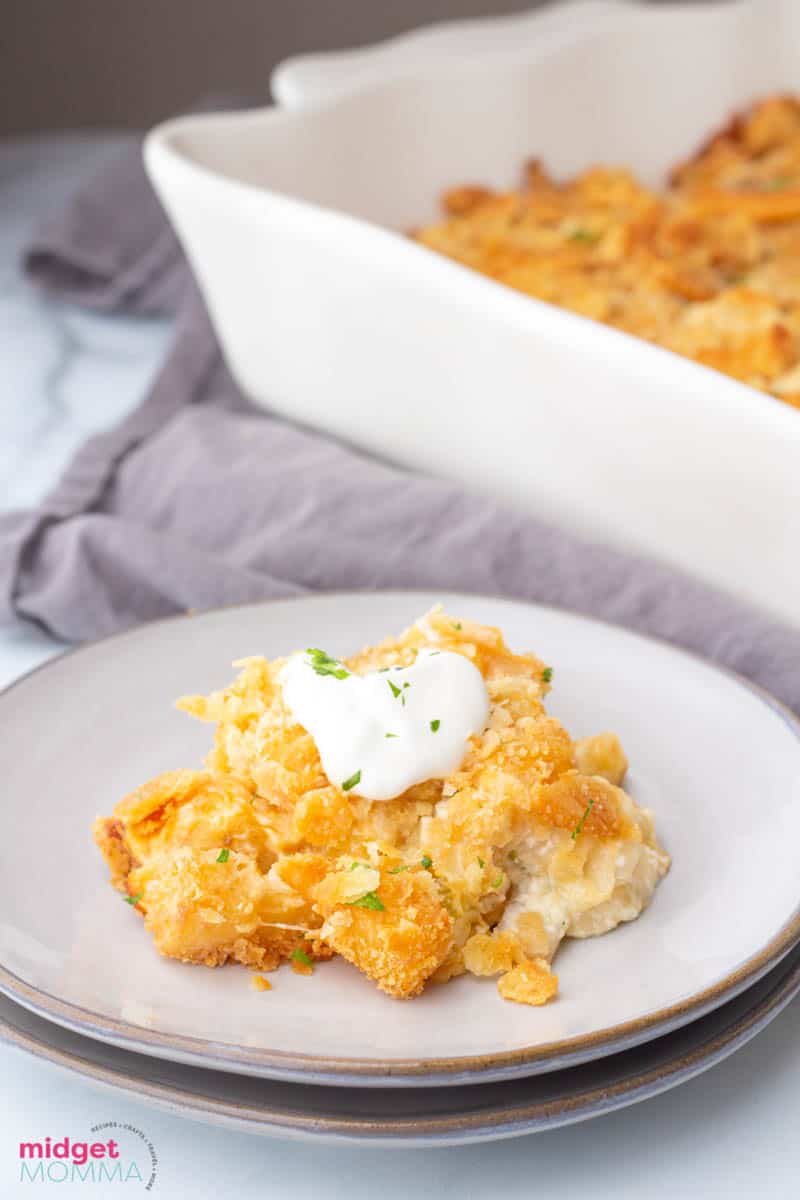 Funeral Potatoes on a plate on the counter