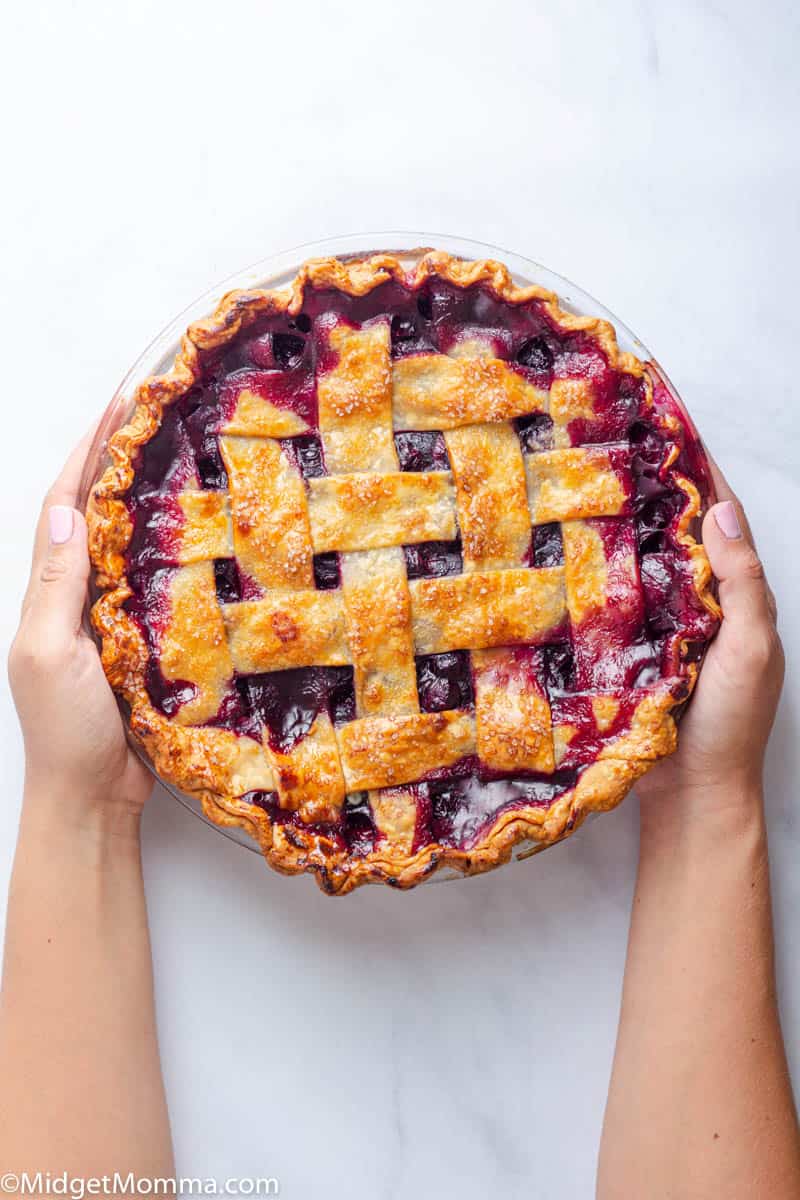 Hands holding a blueberry pie with a lattice pie crust
