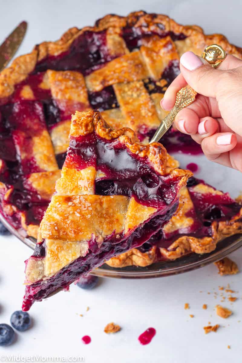 Slice of homemade blueberry pie on a serving utensil