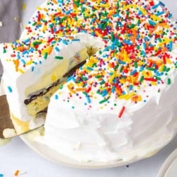 ice cream cake being cut