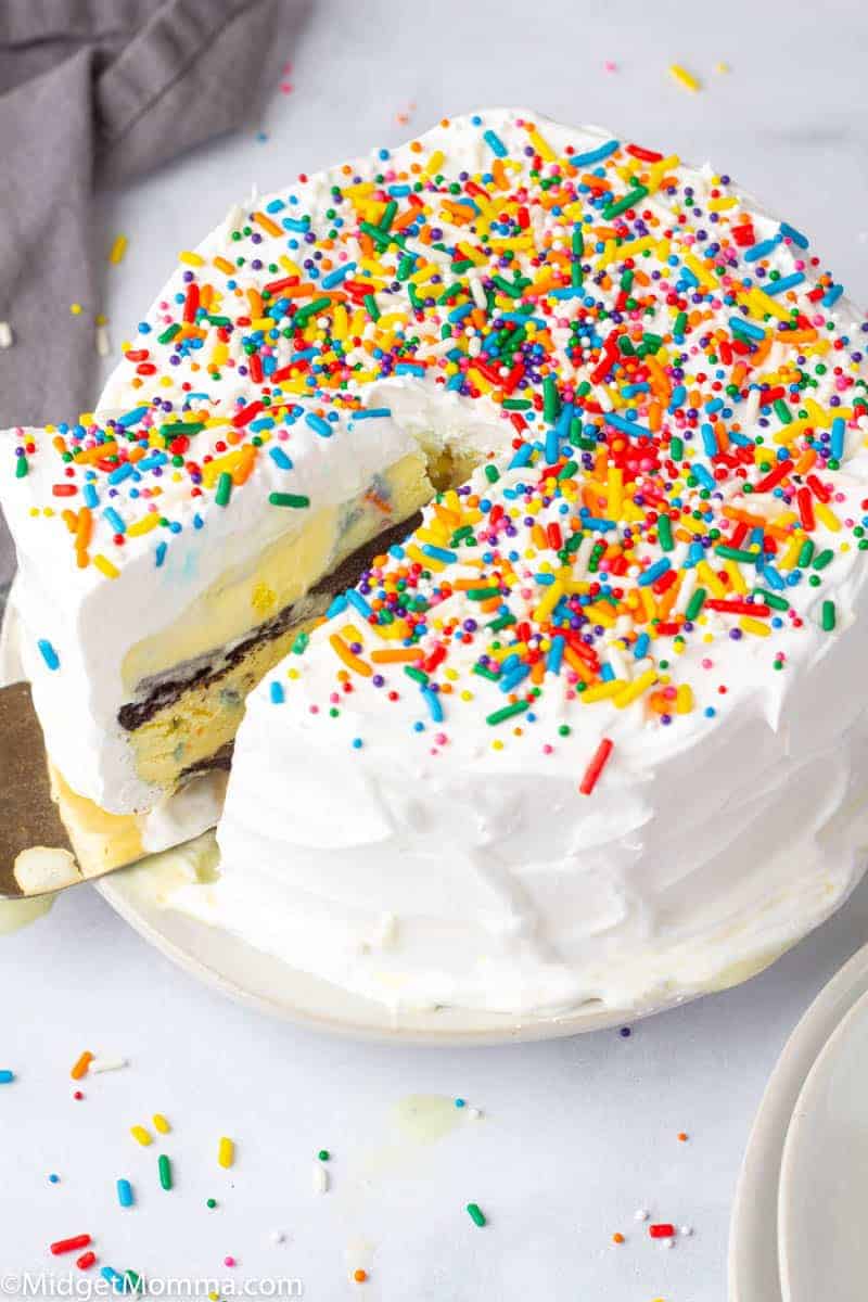 ice cream cake being cut