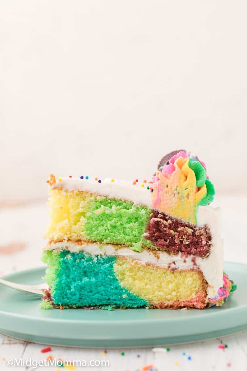 side photo of rainbow cake slice