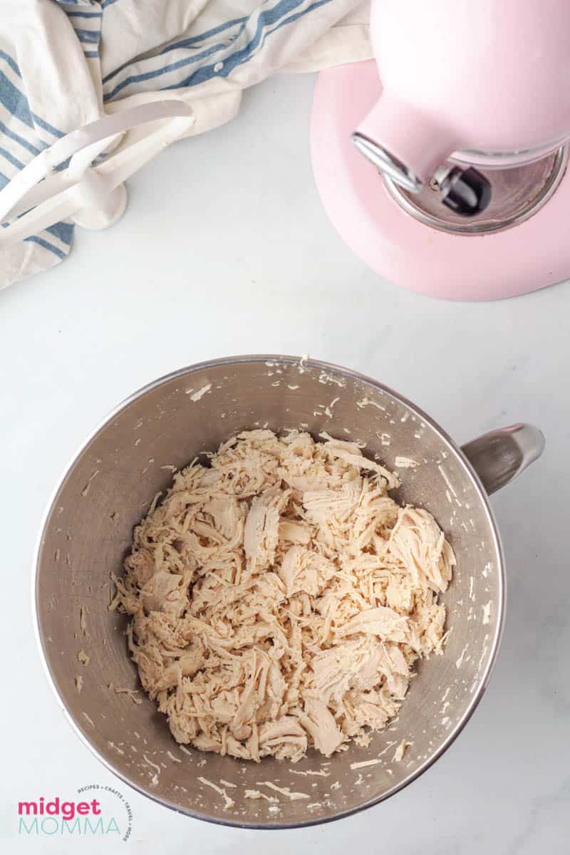 shredded chicken in a mixing bowl