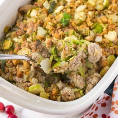 Ground Turkey and Brussel Sprouts Casserole in a white casserole dish