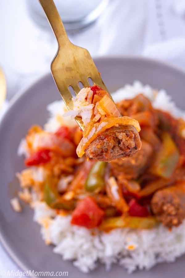  sausage and peppers on a fork