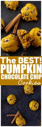 These soft baked pumpkin chocolate chip cookies are like little cookie pillows! They are seriously that soft and that amazing! Easy to make pumpkin cookie recipe, that is the perfect fall tradition! If you are looking for a pumpkin cookie recipe with out eggs then you are in luck with this amazing pumpkin chocolate chip cookie recipe! #SoftBakedCookie #PumpkinCookie #PumpkinChocolateChip