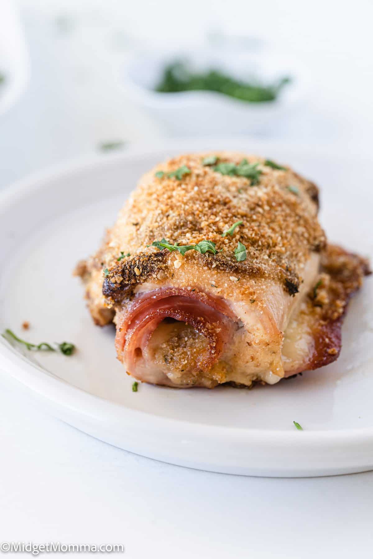 close up photo of baked chicken cordon bleu