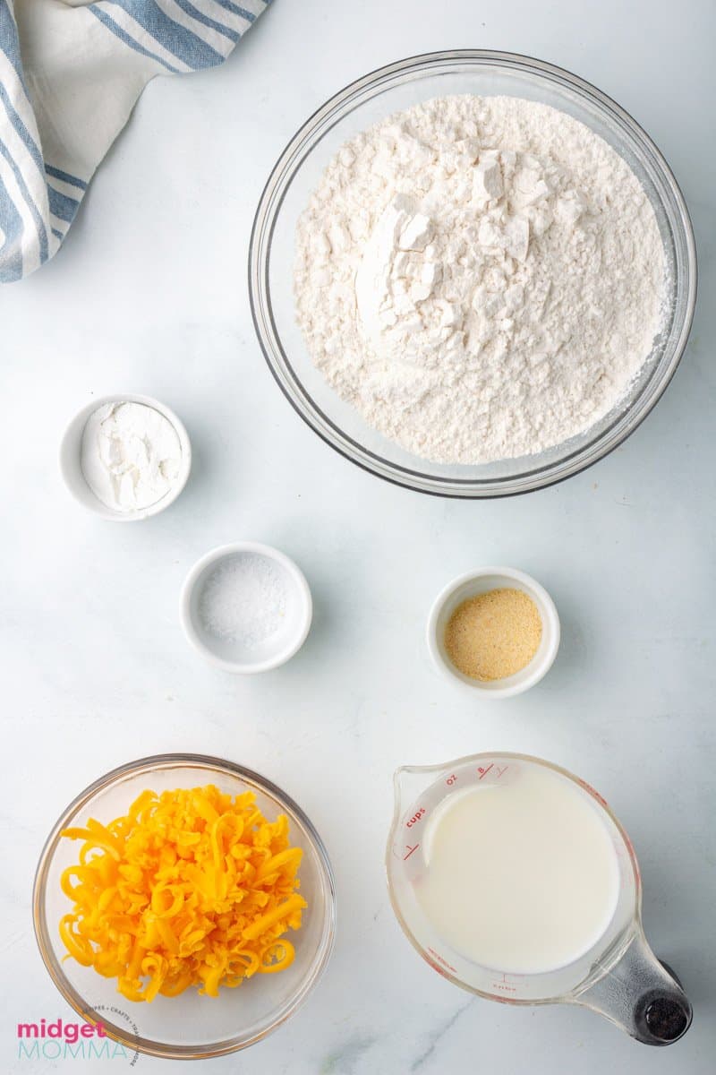 Garlic Cheddar Biscuits ingredients in bowls