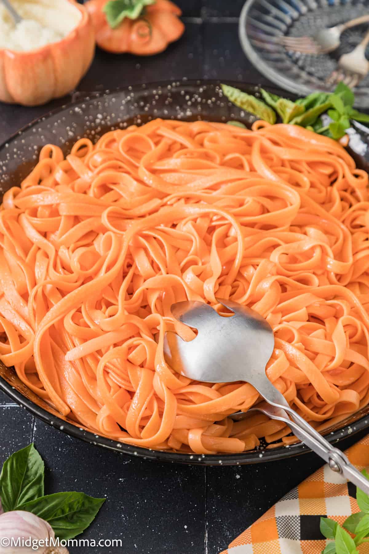 Halloween Orange Pasta in a black bowl