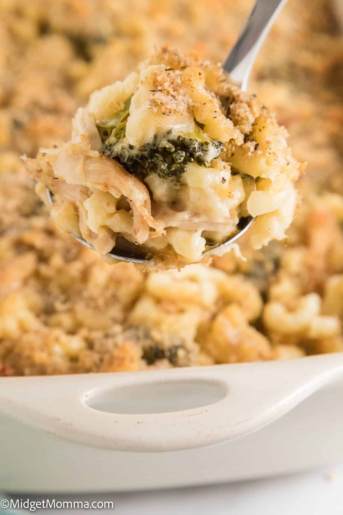 close up photo of a spoonful of Broccoli Chicken Mac and Cheese