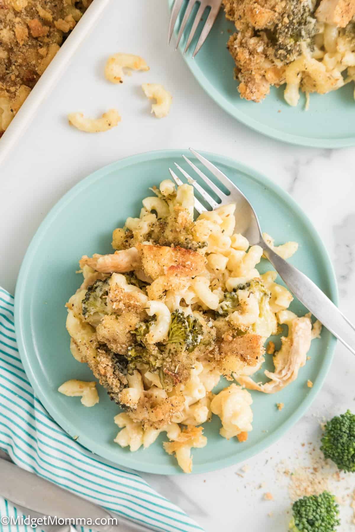overhead photo of Broccoli Chicken Mac and Cheese on a plate