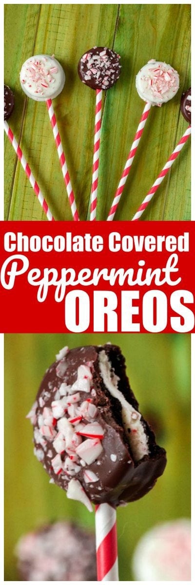 These Chocolate Covered Peppermint Oreos are the perfect holiday treat. You can make white Chocolate covered oreos or milk chocolate covered oros and have the perfect chocolate and mint cookie. Add a lolipop stick to your chocolate covered oreos and you have an awesome chocolate covered oreo pop! #Oreo #ChocolateCoveredOreo #ChristmasOreo #ChristmasCookie #ChocolateCovereOreoPop #OreoPop