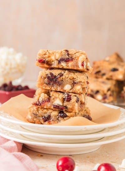 stack of Cranberry white chocolate blondies