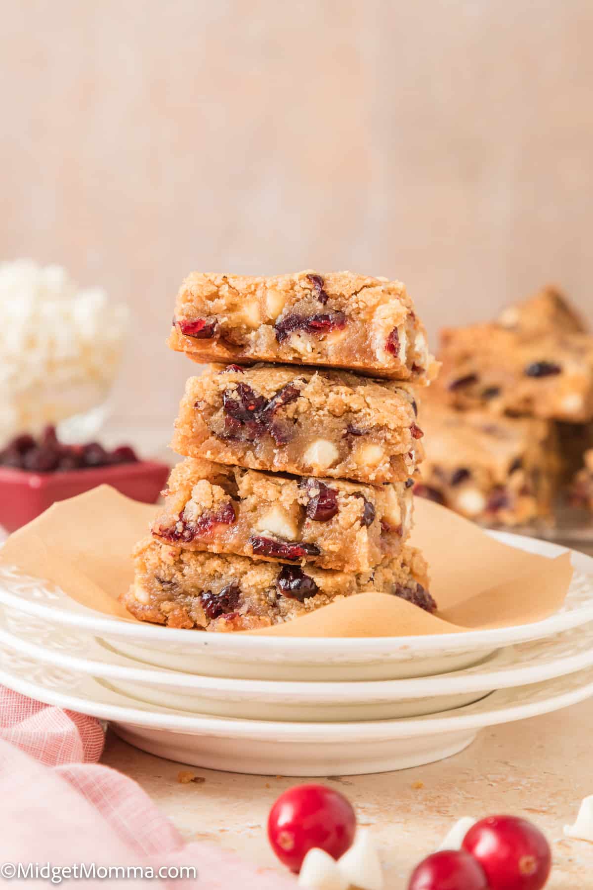 stack of Cranberry white chocolate blondies 