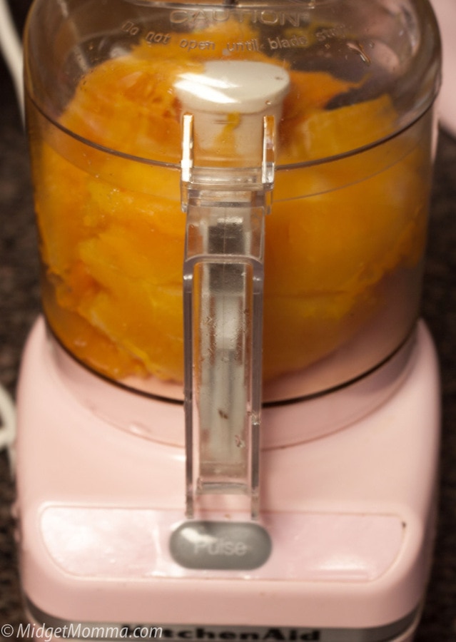 pureeing pumpkin in a food processor
