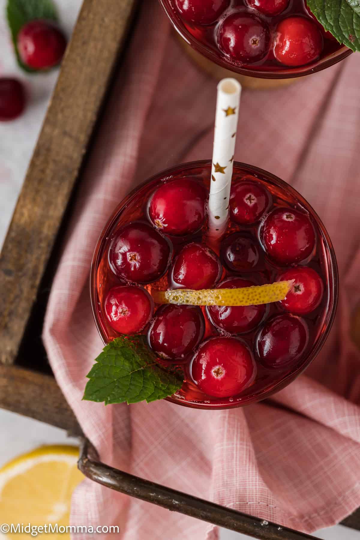 overhead photo of Sparkling Cranberry holiday Punch Recipe in a clear glass