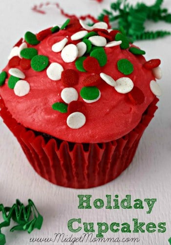 Chocolate Holiday Cupcakes are a chocolate lovers cupcake topped with this vanilla buttercream. It is made festive with fun Christmas sprinkles.