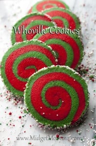 These Whoville cookies are a great take on a yummy sugar cookie. They are just two different colored sugar dough rolled up with fun sprinkles. Christmas sugar cookie, red christmas cookie, green christmas cookie, fun christmas cookie, sugar cookies, rolled cookies, holiday cookies, red and green christmas cookies.