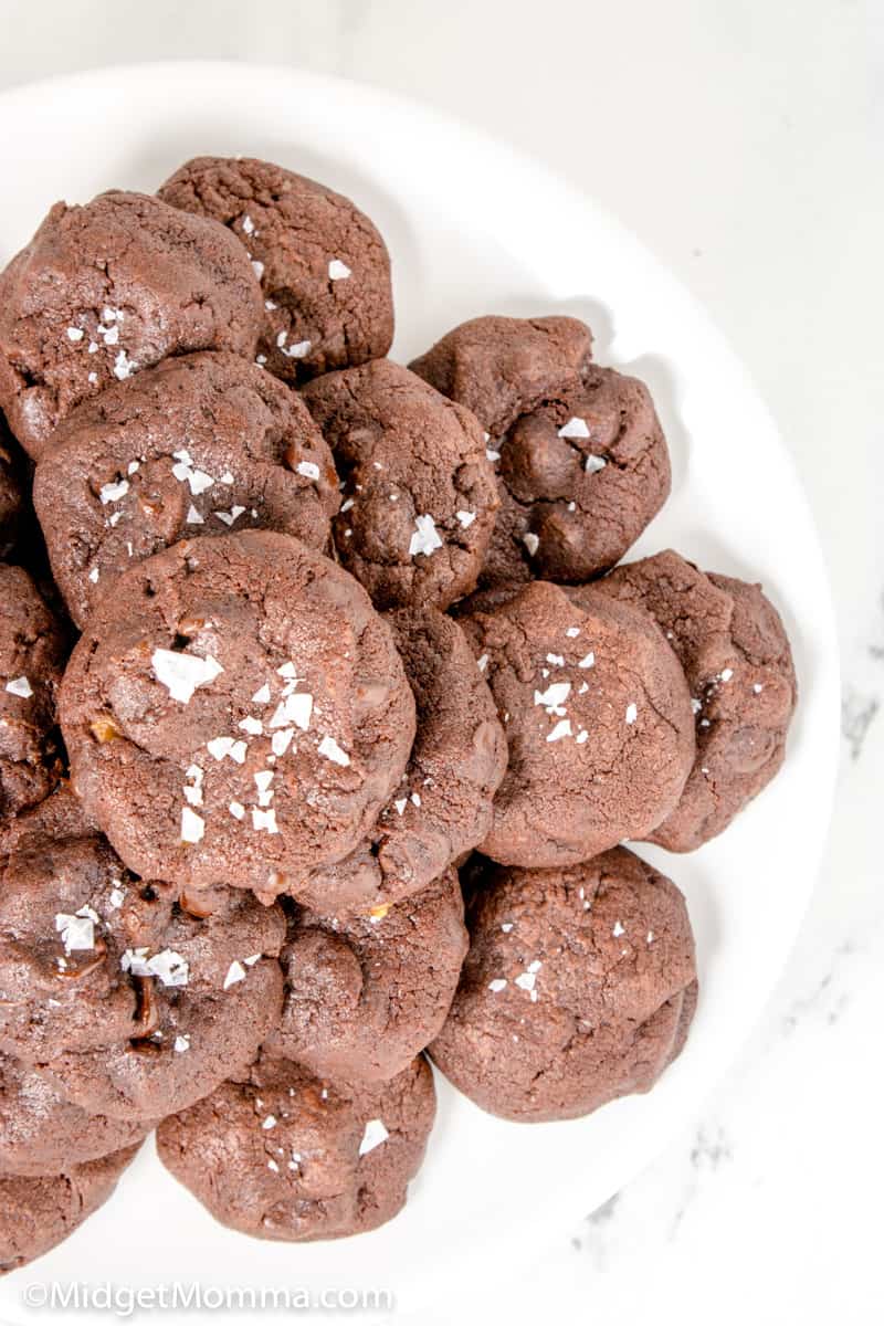 overhead photo of Salted Caramel Stuffed Double Chocolate Cookies on a plate