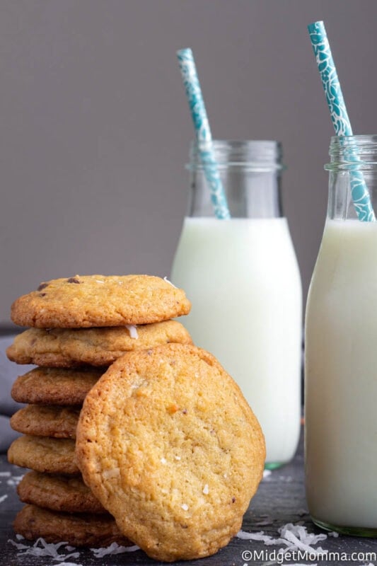 coconut chocolate chip cookies and a glass of milk