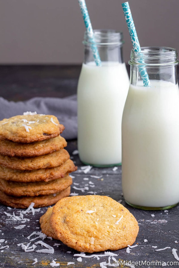 coconut chocolate chip cookies and a glass of milk