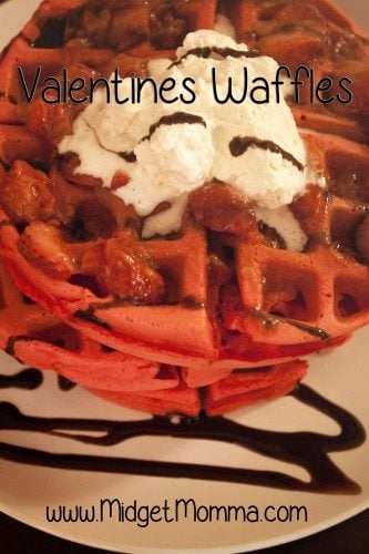 Pink Valentines Day Waffles that are perfect for Valentine's Day breakfast or as a fun Valentine's Day dinner for the kids
