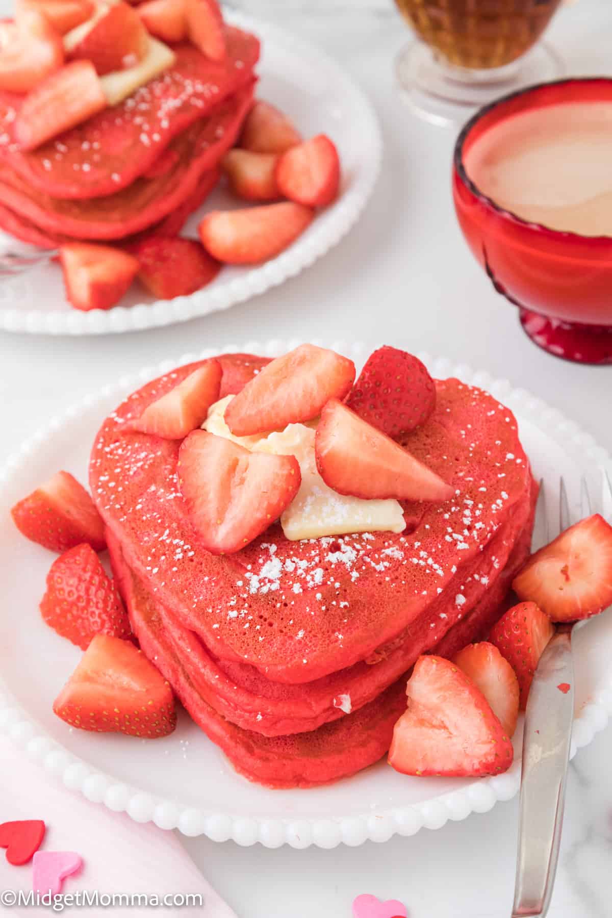 over head photo of Valentine's Day Heart Shaped Pancakes