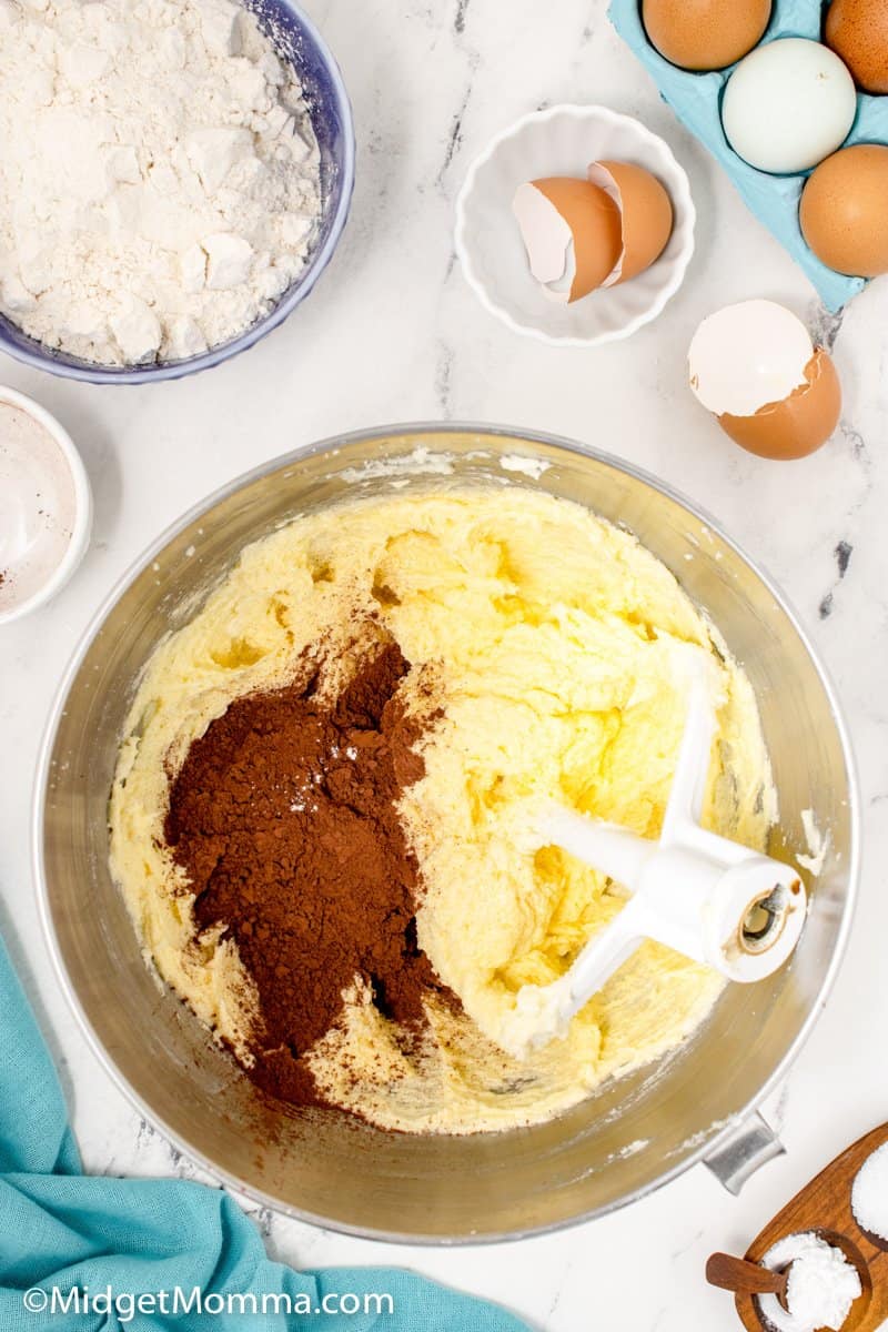 cocoa powder added to creamed butter  sugar and eggs in a mixing bowl