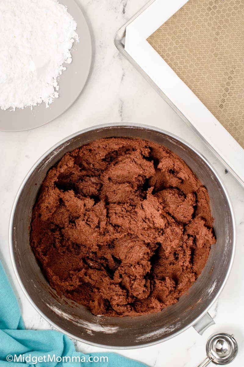 finished chocolate crackle cookies dough in a mixing bowl
