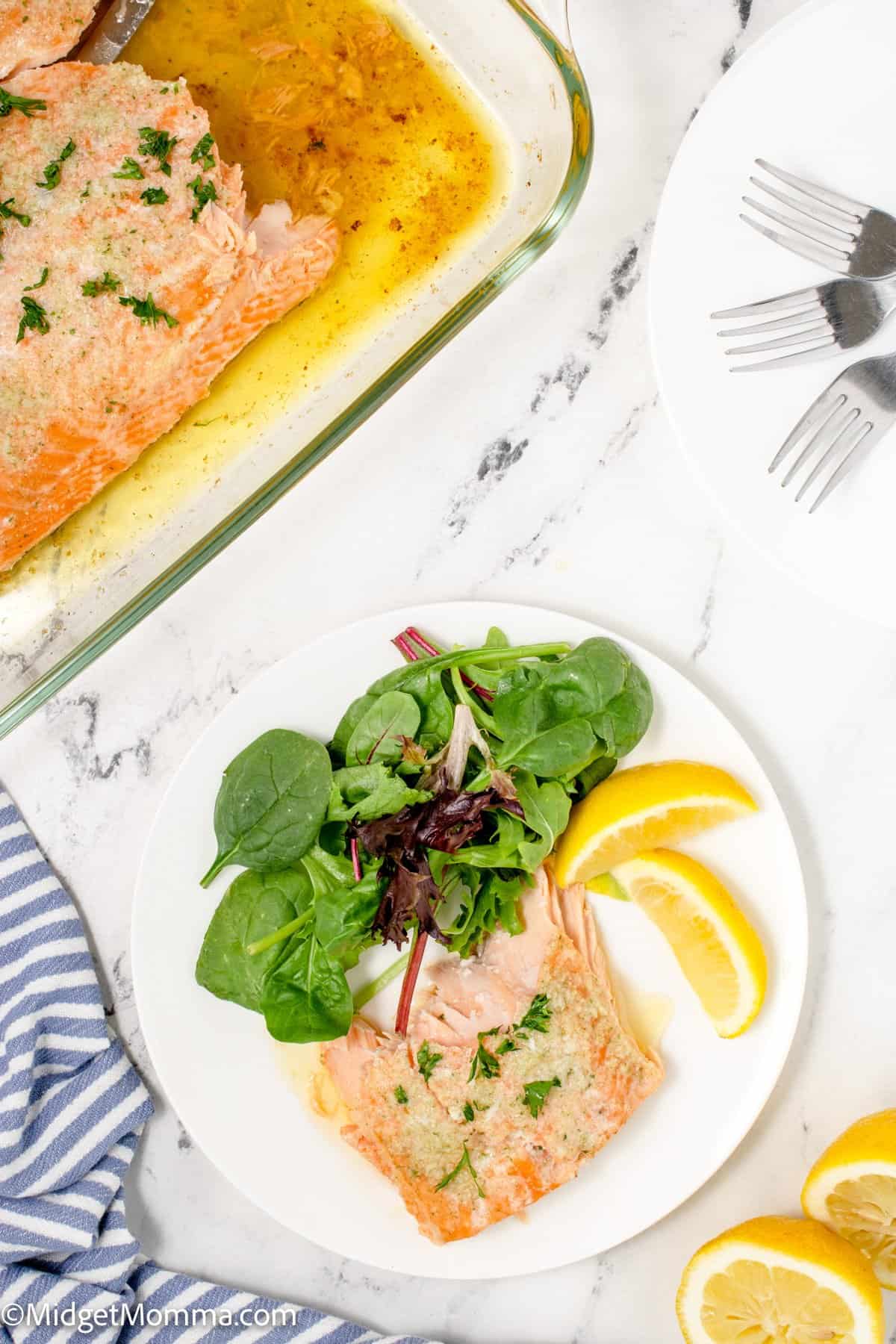 overhead photo of Oven Baked Salmon on a plate