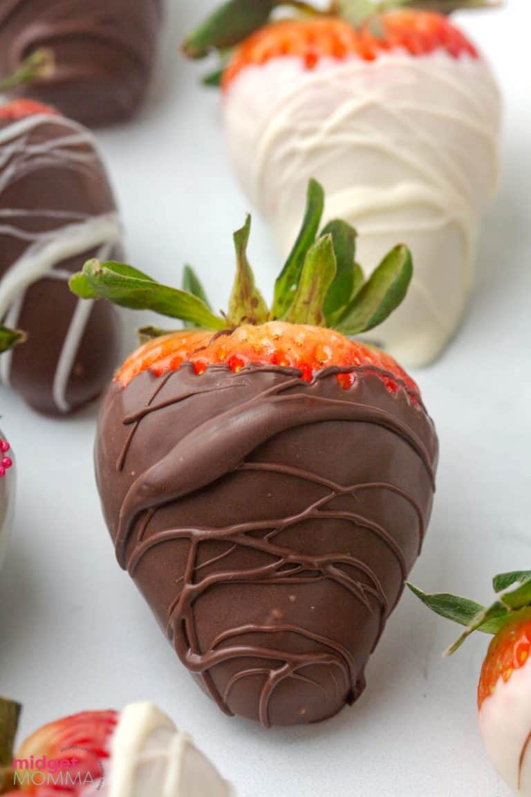Dark Chocolate Covered Strawberries with White Chocolate Lines