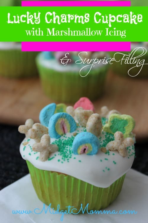 Lucky Charms Cupcakes with Marshmallow Icing are full of fun with a great surprise filling. . They are festive for St. Patrick's day.