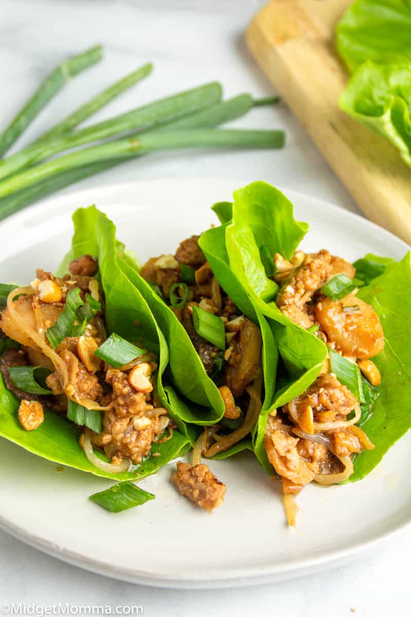 2 Asian Chicken lettuce wraps on a plate 