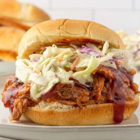 pulled pork and slaw sandwich