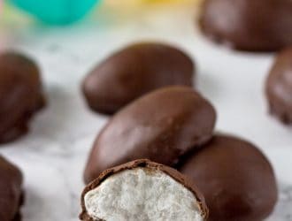 Marshmallow Eggs for easter sitting on the counter