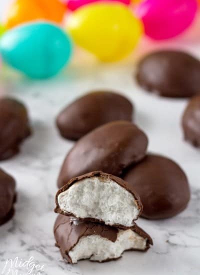 Marshmallow Eggs for easter sitting on the counter