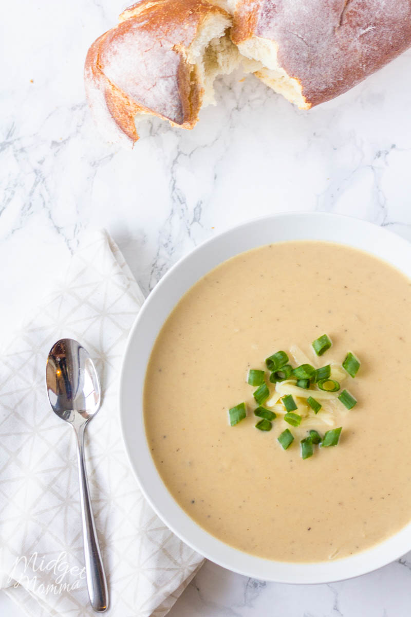 A bowl of crockpot cauliflower cheese soup