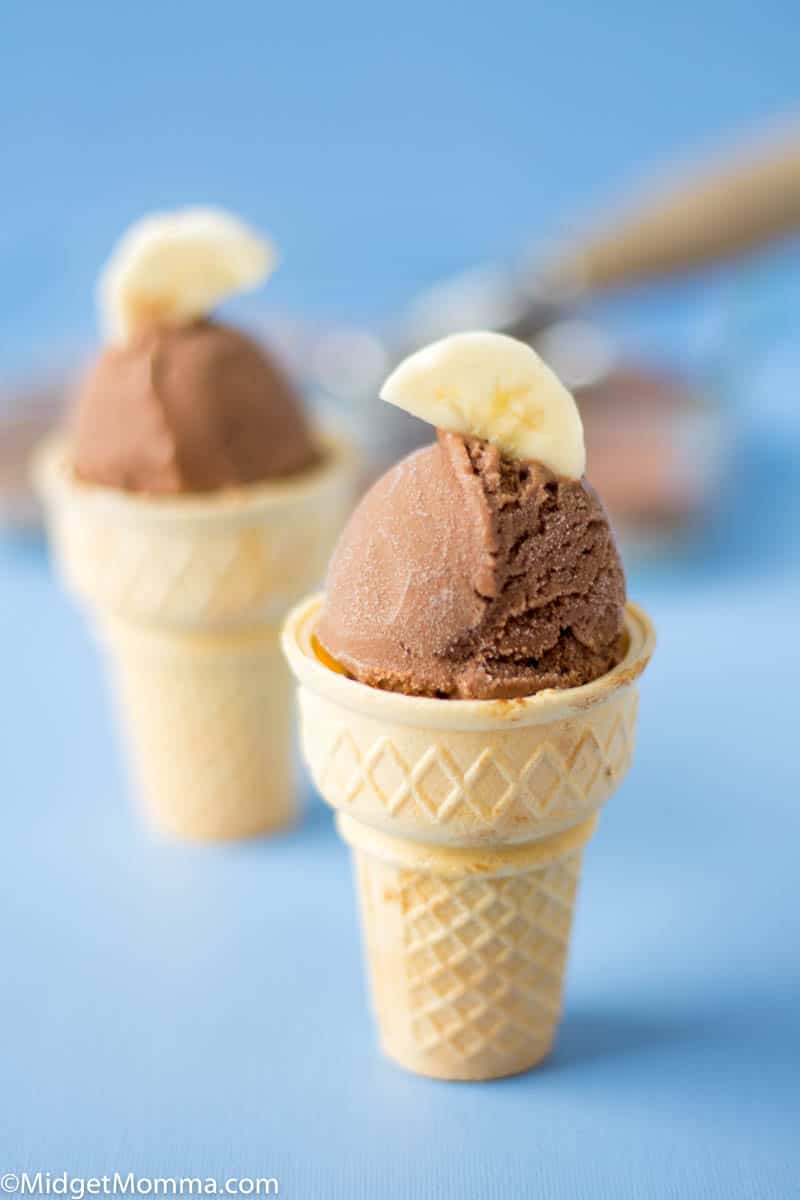 Chocolate Peanut Butter Banana Ice Cream in an ice cream cone