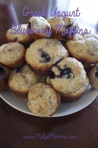 Greek yogurt is a great source of protein and it is that secret ingredient that helps bring moister to these Greek Yogurt Blueberry Muffins.