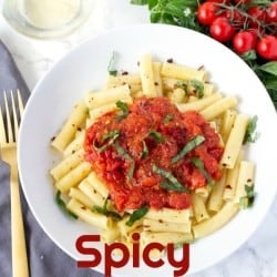 Spicy Cherry Tomato Pasta Sauce is one of the best pasta sauces recipes ever. This homemade pasta sauce is easy to make and dinner is finished in less than 30 minutes! #Pasta #PastaSauce #EasyPastaSauce #SpicyPastaSauce